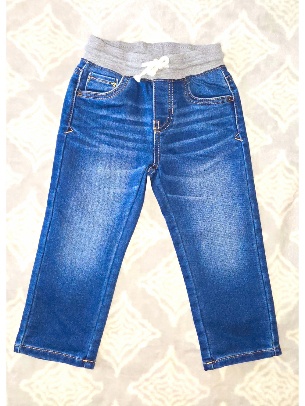 Cat & Jack 2T Blue Solid Denim Straight Jeans Pull-On Drawstring Elastic Waist
